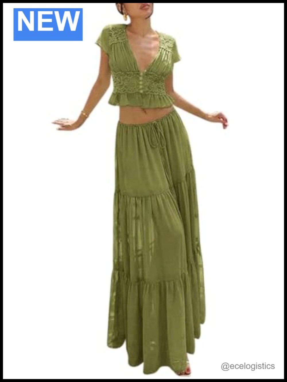 2pc Ruffle Maxi Skirt Set Halter V Neck Backless Short Sleeve Polyester Spandex